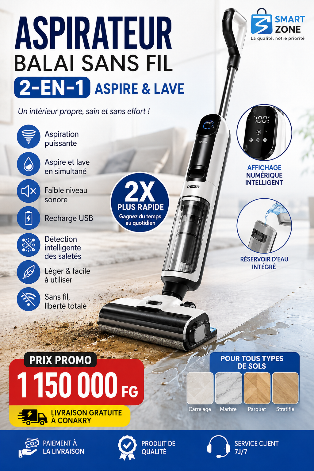 🧹🧹 Aspirateur Balai Sans Fil 2-en-1 – Aspire & Lave en un seul passage