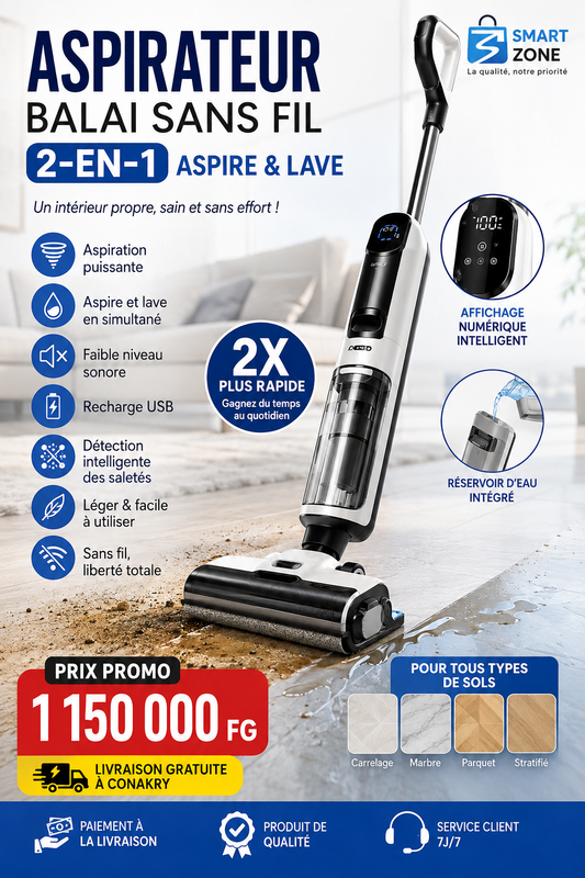 🧹🧹 Aspirateur Balai Sans Fil 2-en-1 – Aspire & Lave en un seul passage