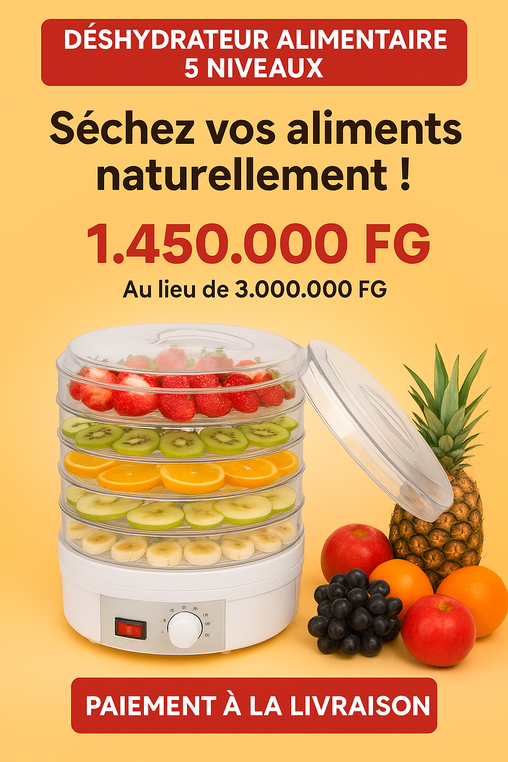 🍓 Déshydrateur Alimentaire Premium 5 Niveaux – Préparez des Snacks 100% Naturels à la Maison !