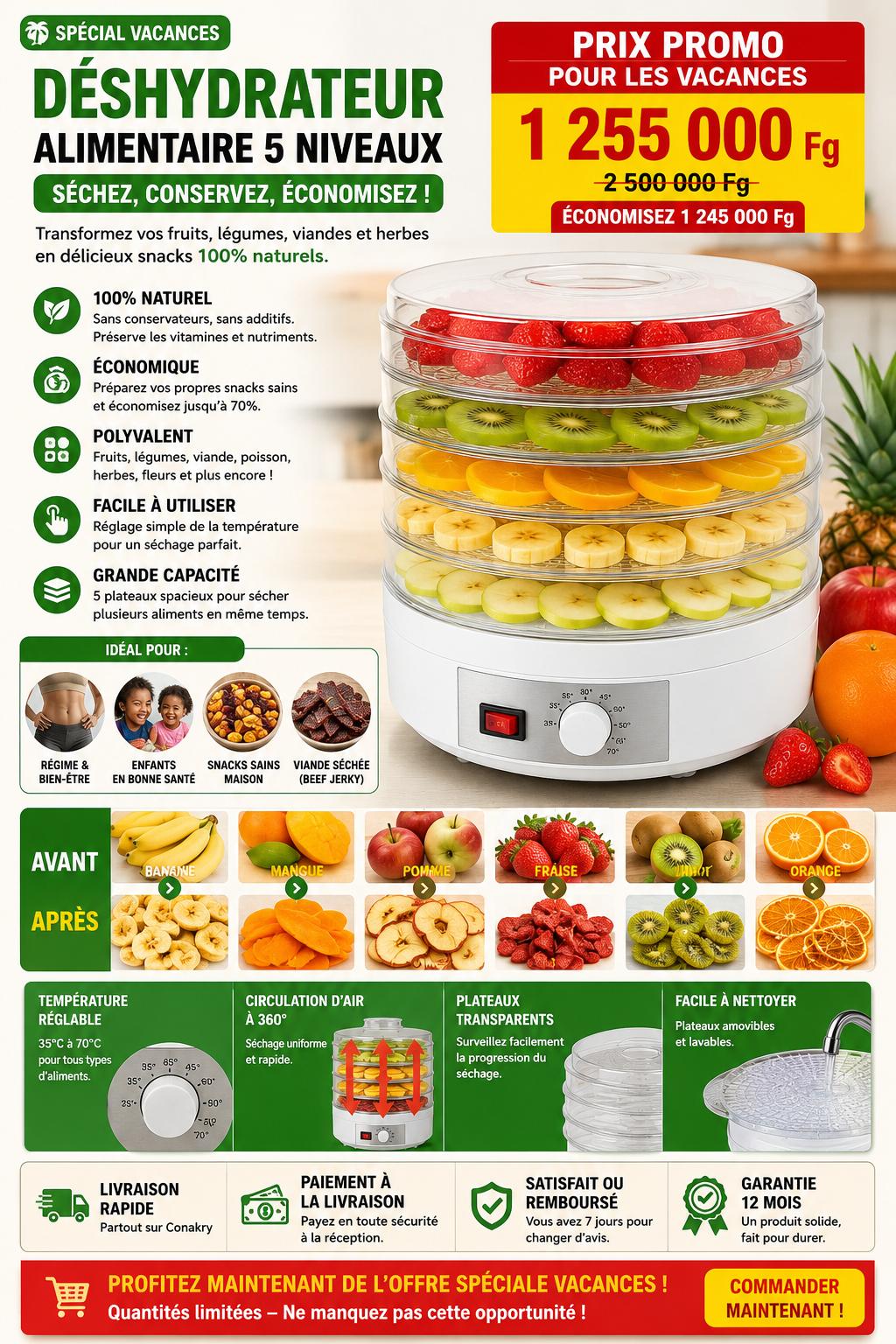 🍓 Déshydrateur Alimentaire Premium 5 Niveaux – Préparez des Snacks 100% Naturels à la Maison !